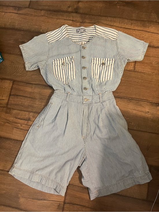 Gloria Vanderbilt Pants - vintage 80’s Gloria Vanderbilt denim romper blue & white hickory stripe pattern